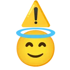 warning + smiling face with halo