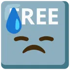 FREE button + downcast face with sweat