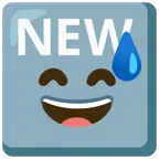 NEW button + grinning face with sweat