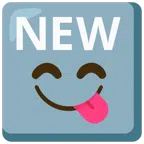 NEW button + face savoring food