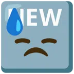 NEW button + downcast face with sweat