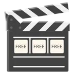 Filmklappe + Wort „Free“ in blauem Quadrat