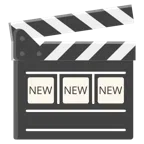 Filmklappe + Wort „New“ in blauem Quadrat