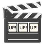 Filmklappe + Schriftzug „UP!“ im blauen Quadrat