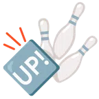 Bowling + Schriftzug „UP!“ im blauen Quadrat