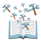 Bücherstapel + Hammer und Schraubenschlüssel