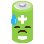 Batterie + bedrücktes Gesicht mit Schweiß