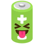 Batterie + Gesicht mit herausgestreckter Zunge und zusammengekniffenen Augen