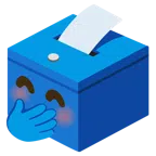 Urne mit Wahlzettel + verlegen kicherndes Gesicht