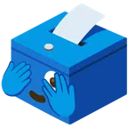 Urne mit Wahlzettel + Gesicht mit durch die Finger linsendem Auge