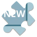 Puzzleteil + Wort „New“ in blauem Quadrat