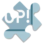 Puzzleteil + Schriftzug „UP!“ im blauen Quadrat