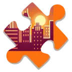 Puzzleteil + Sonnenuntergang in der Stadt