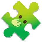 Puzzleteil + Gesicht mit offenen Augen und Hand über dem Mund