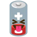 schwache Batterie + Gesicht mit herausgestreckter Zunge und zusammengekniffenen Augen