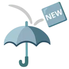Regenschirm + Wort „New“ in blauem Quadrat
