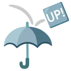 Regenschirm + Schriftzug „UP!“ im blauen Quadrat
