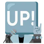 Mikrofon + Schriftzug „UP!“ im blauen Quadrat