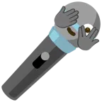 Mikrofon + Gesicht mit durch die Finger linsendem Auge