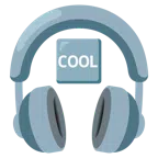 Kopfhörer + Wort „Cool“ in blauem Quadrat