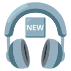 Kopfhörer + Wort „New“ in blauem Quadrat