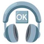 Kopfhörer + Großbuchstaben OK in blauem Quadrat