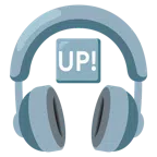 Kopfhörer + Schriftzug „UP!“ im blauen Quadrat