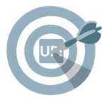 Darts + Schriftzug „UP!“ im blauen Quadrat