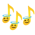musical notes + smiling face with halo