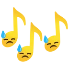 musical notes + downcast face with sweat