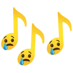 musical notes + sad but relieved face