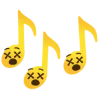 musical notes + face with crossed-out eyes