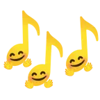 musical notes + smiling face with open hands