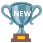 Pokal + Wort „New“ in blauem Quadrat