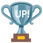 Pokal + Schriftzug „UP!“ im blauen Quadrat