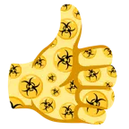 pollice in su + simbolo del rischio biologico