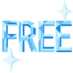 Edelstein + Wort „Free“ in blauem Quadrat