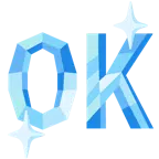 Edelstein + Großbuchstaben OK in blauem Quadrat