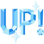 Edelstein + Schriftzug „UP!“ im blauen Quadrat