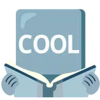Bücherstapel + Wort „Cool“ in blauem Quadrat