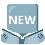 Bücherstapel + Wort „New“ in blauem Quadrat