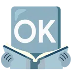 Bücherstapel + Großbuchstaben OK in blauem Quadrat