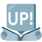 Bücherstapel + Schriftzug „UP!“ im blauen Quadrat