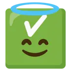 faccina con sorriso e aureola + pulsante segno di spunta