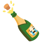 loudly crying face + bottle with popping cork