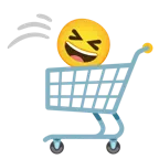 wózek sklepowy + uśmiechnięta twarz z przymrużonymi oczami
