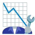 martello e chiave inglese + grafico con andamento negativo