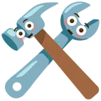 Hammer und Schraubenschlüssel + errötetes Gesicht mit großen Augen