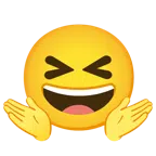 persona che scrolla le spalle + sorriso a bocca aperta con occhi chiusi