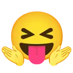 persona che scrolla le spalle + faccina che strizza gli occhi e mostra la lingua